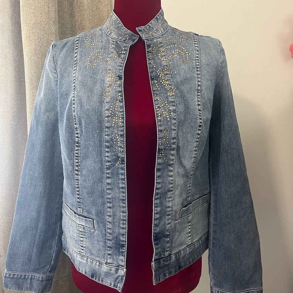 Chico's Blue Jean Jacket with Stand-Up Collar